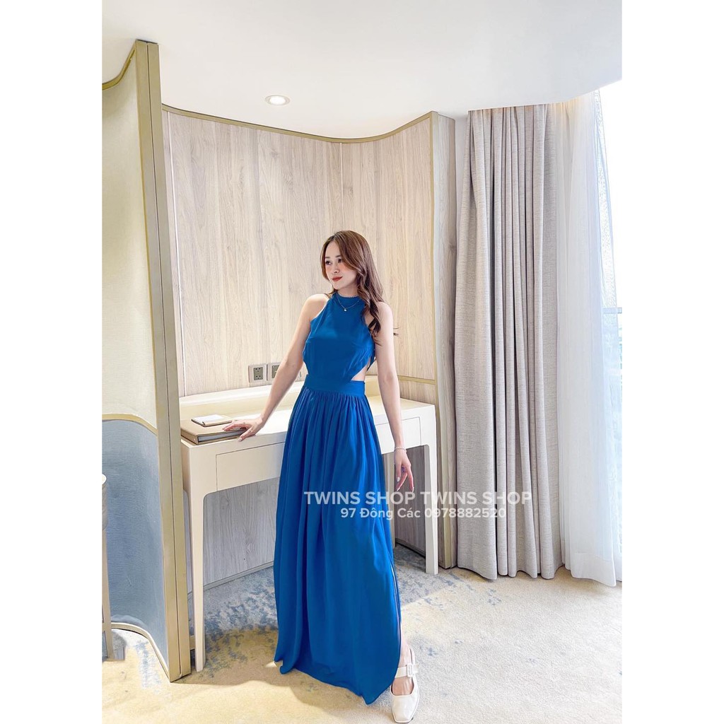 Váy maxi yếm khoét eo hở lưng xanh nhạt 1269
