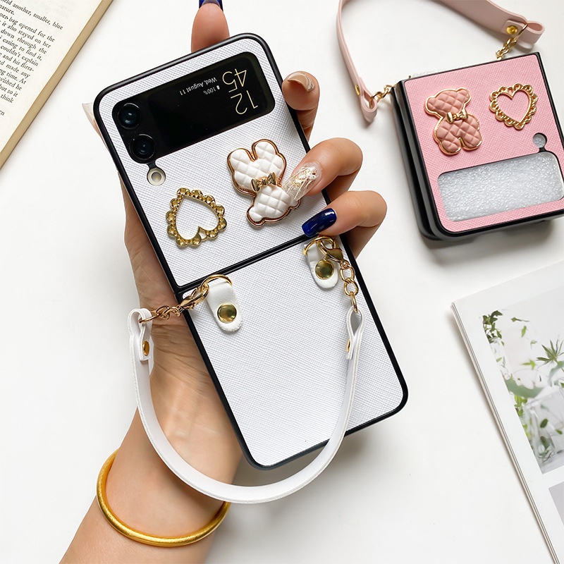 Bao Da pu Điện Thoại Nắp Lật Đính Ngọc Trai Hình Trái Tim Gấu diy Cho samsung galaxy z flip 4 3 flip4 flip3 5g Ốp