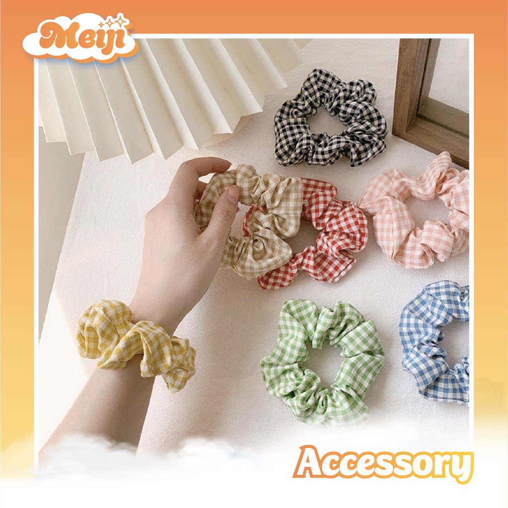 Dây buộc tóc vải Scrunchies kẻ caro mini nhiều màu