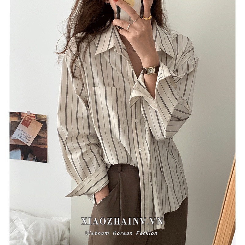 Xiaozhainv Áo sơ mi tay dài họa tiết kẻ sọc phong cách Hàn Quốc trẻ trung cho nữ