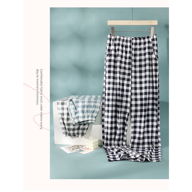 Quần Ngủ 100% Cotton Co Giãn Size Lớn Họa Tiết Sọc Caro Thời Trang Cho Nữ