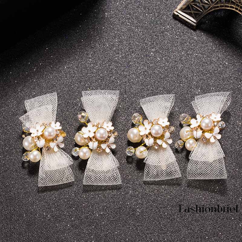 Set 4 kẹp tóc nơ đính đá và ngọc trai giả phong cách Hàn Quốc cho cô dâu