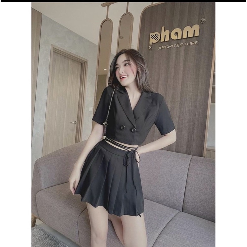 [ hàng mới về] Set áo vest croptop phối váy tennis SJ011