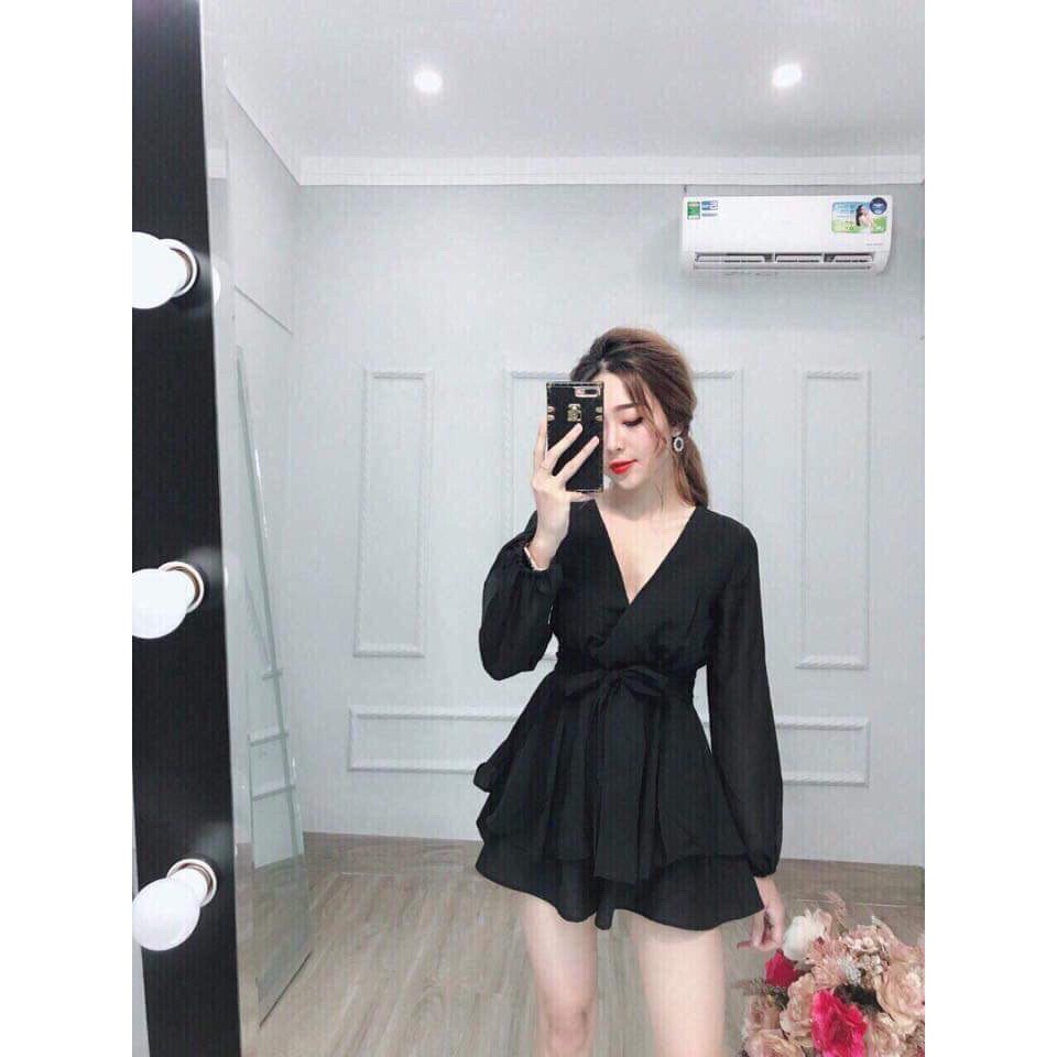 Đầm nữ cổ V thắt nơ nịnh eo 2 tầng vải dày dặn mềm mịn | BigBuy360 - bigbuy360.vn