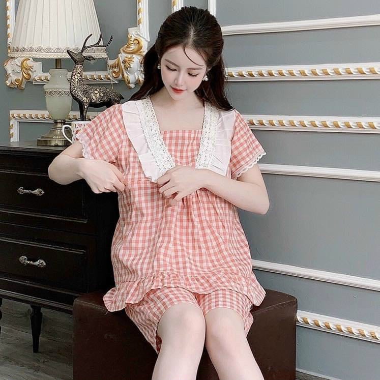 Bộ bầu mặc nhà đũi hàn có khóa kéo ngực cho bầu mặc trong và sau sinh - HT-KidsMomy