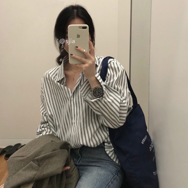 SUXI Áo Kiểu Tay Dài Dáng Rộng Hoạ Tiết Kẻ Sọc Phong Cách Retro