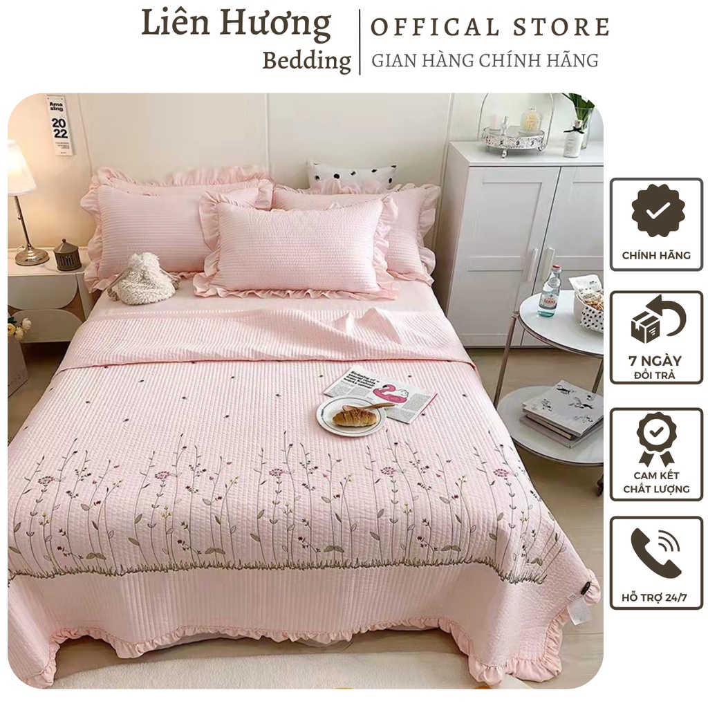 Bộ chăn ga gối cotton bèo hàn quốc thoáng mát, chăn trần hè thêu hoa 2 mặt cao cấp không xổ lông, phai mầu sẵn hàng
