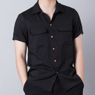 Áo sơ mi nam cộc tay phối túi chất đũi mặc cực mát - Aru Shop