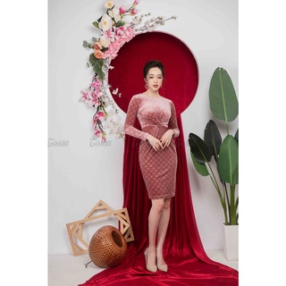 Đầm nhung hồng pastel, xoắn eo - TOSON - 49336P140