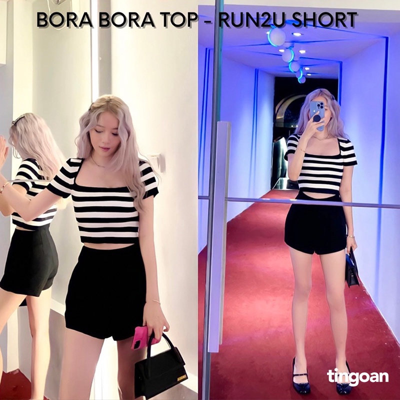 TINGOAN® - Áo len xù crop lửng ngắn tay cổ vuông kẻ trắng đen BORA BORA TOP/BL