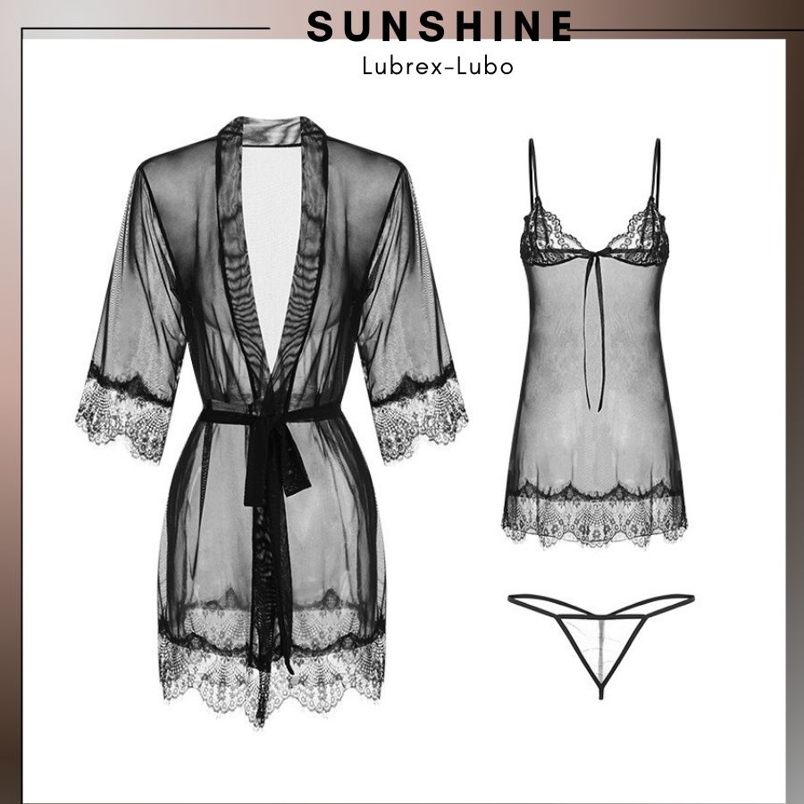 Combo Áo choàng ngủ kèm váy ngủ nữ sexy gợi cảm 2 dây màu đen xuyên thấu - SUNSHINE 1083 | BigBuy360 - bigbuy360.vn