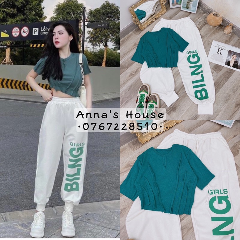 Set BILNG GIRLS áo crop xanh + quần jogger trắng in chữ