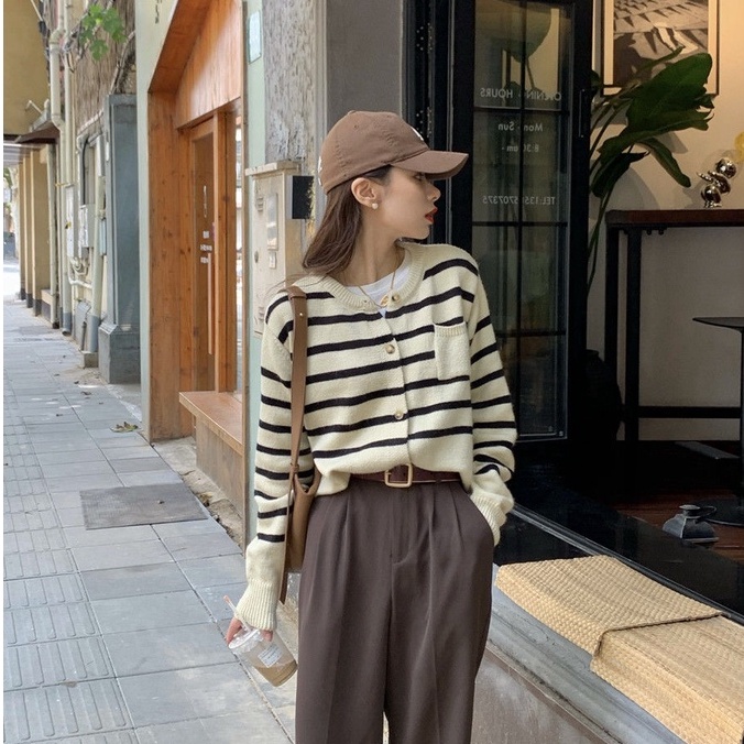 ihkke Áo khoác Cardigan dáng rộng in sọc thời trang Hàn Quốc sành điệu