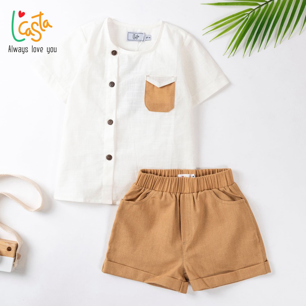 [Mã BMBAU50 giảm 7% đơn 99K] Bộ bé trai áo sơ mi nẹp lệch và quần short linen từ 1 đến 6 tuổi L’Casta