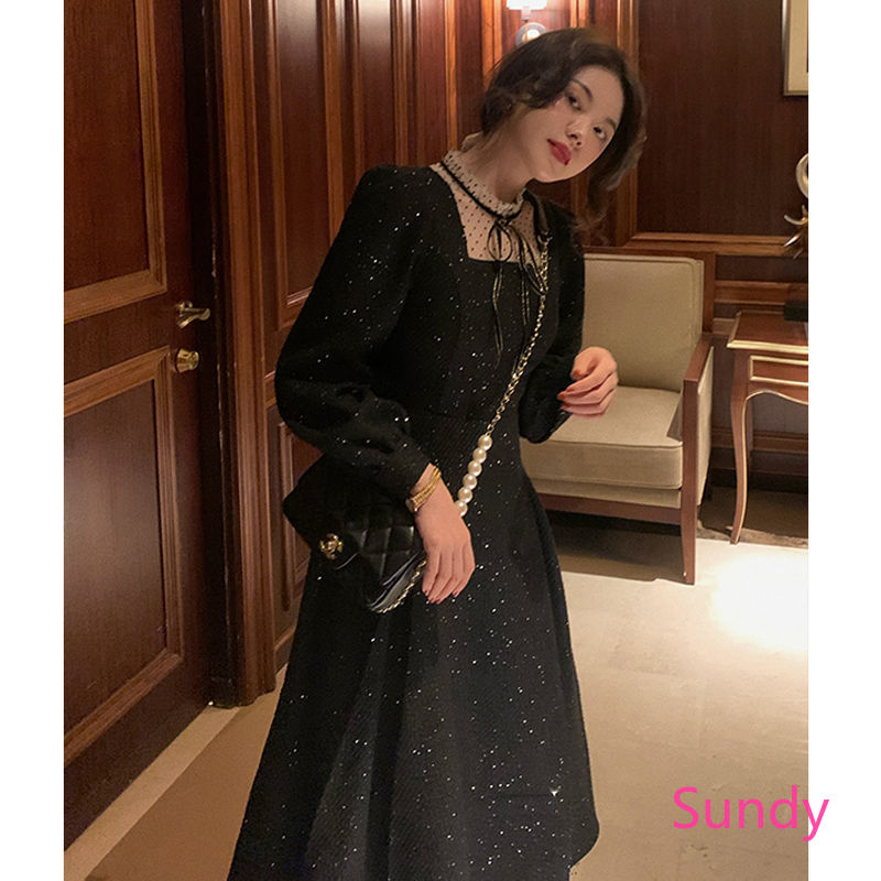 Váy dự tiệc màu đen kiểu dáng thời trang phong cách retro thu đông | BigBuy360 - bigbuy360.vn