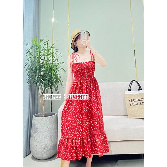 VÁY 2 DÂY HOA NHÚN NGỰC VÁY MAXI DÁNG DÀI FREESIZE