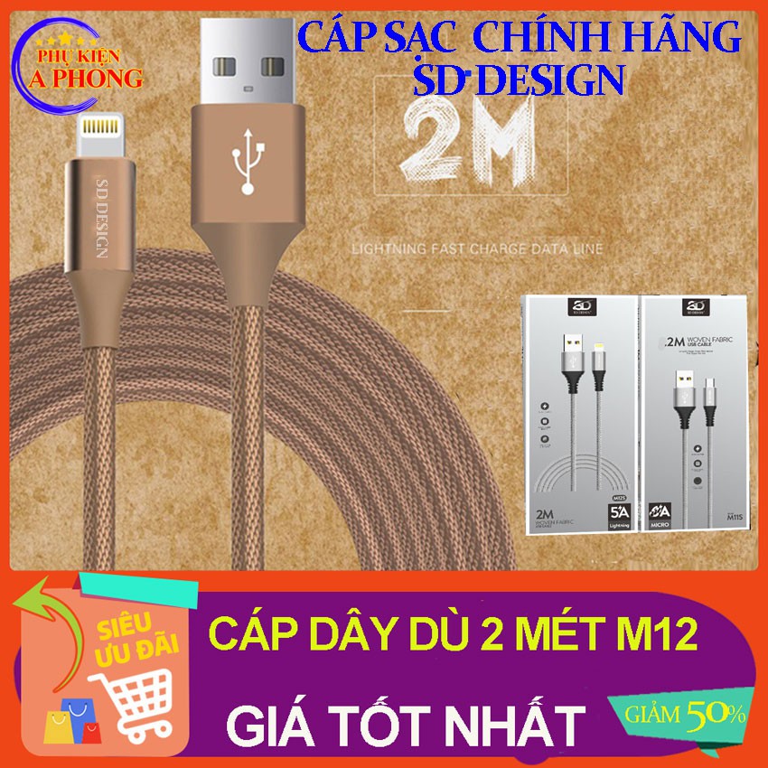 [FREESHIP - GIÁ SỈ]  Cáp sạc dây dù 2 MÉT CHỐNG ĐỨT - Chính hãng SD DESIGN M12 - Sạc Nhanh - Bảo hành 1 năm, siêu bền