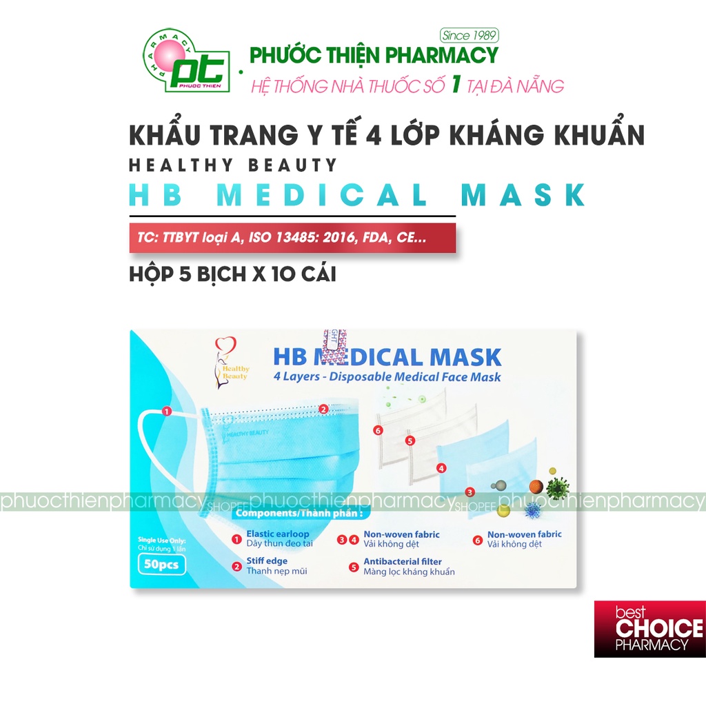 Khẩu trang y tế 4 lớp dày kháng khuẩn HB Medical Mask Healthy Beauty Hộp 50 cái