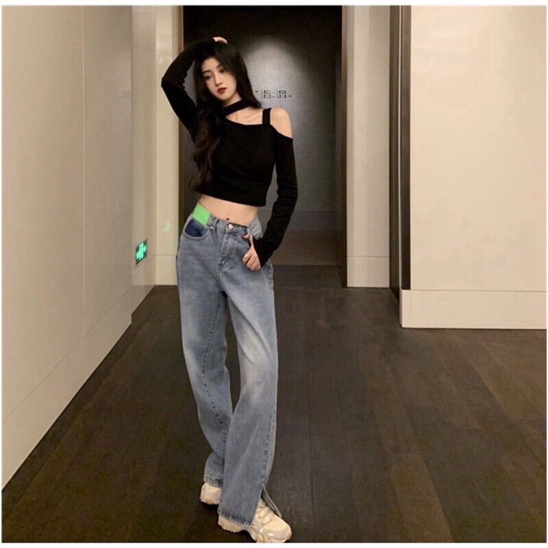 Áo kiểu croptop tay dài một bên trễ vãi phối dây cá tính