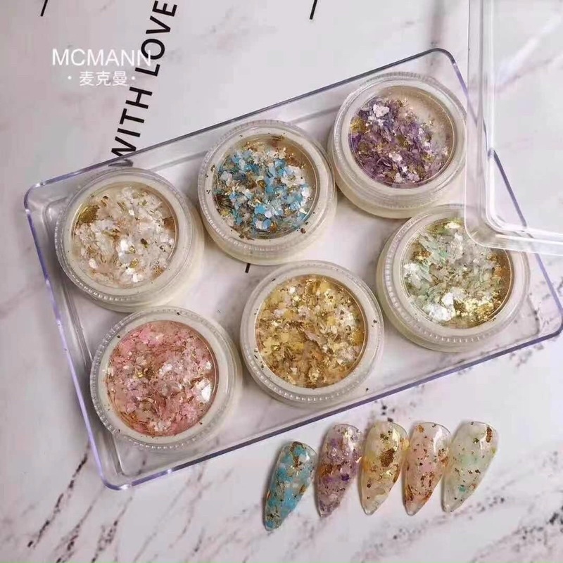 Set nhũ 6 màu ẩn gel, ẩn bột, phụ kiện nail, trang trí móng