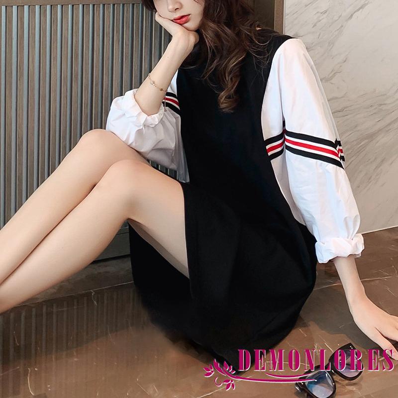 Đầm ngắn cổ tròn tay dài phối màu tương phản thời trang cho nữ