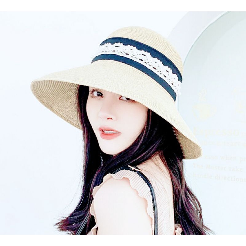 Nón mũ rộng vành đi biển đẹp nữ viền ren hạt châu thời trang Hàn Quốc