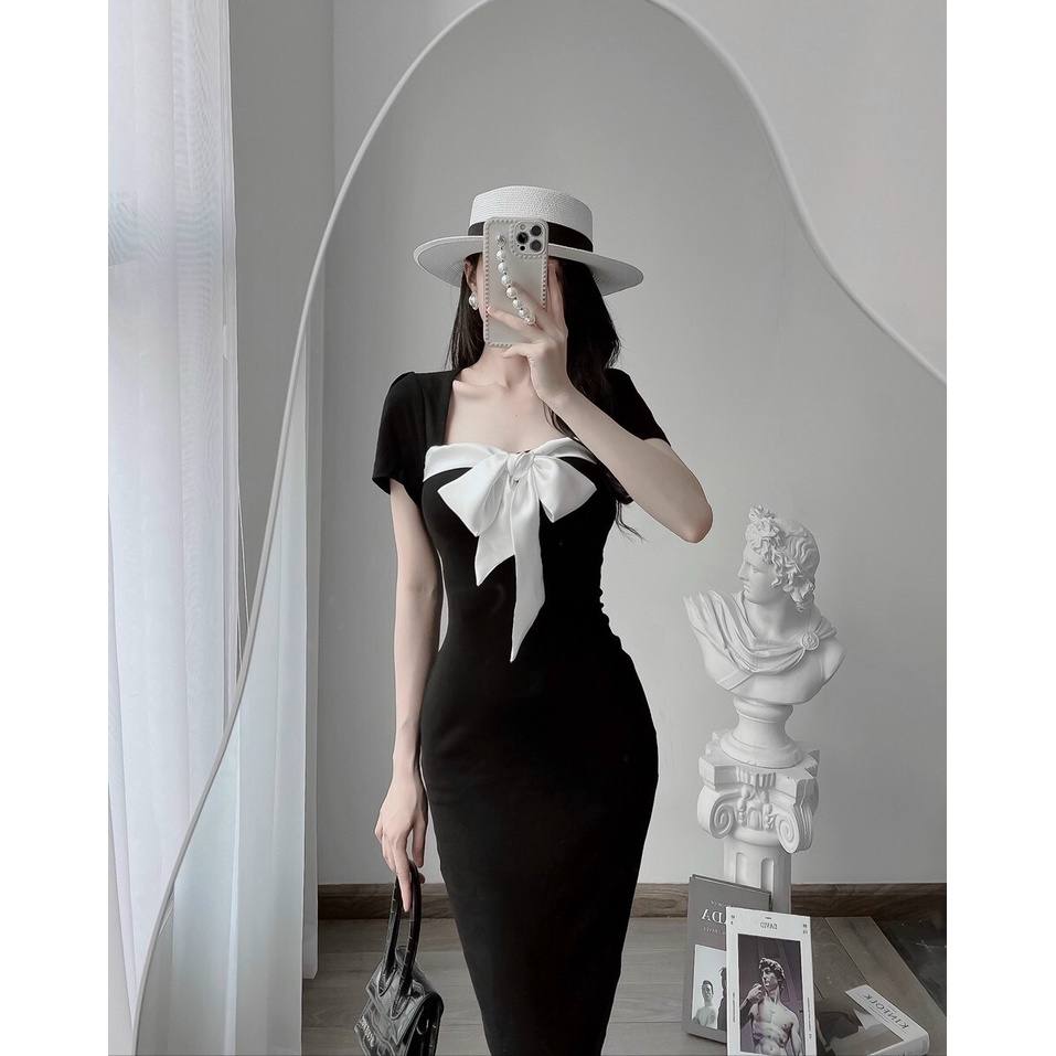 Đầm dài ôm body tay ngắn có nơ trước ngực tiểu thư