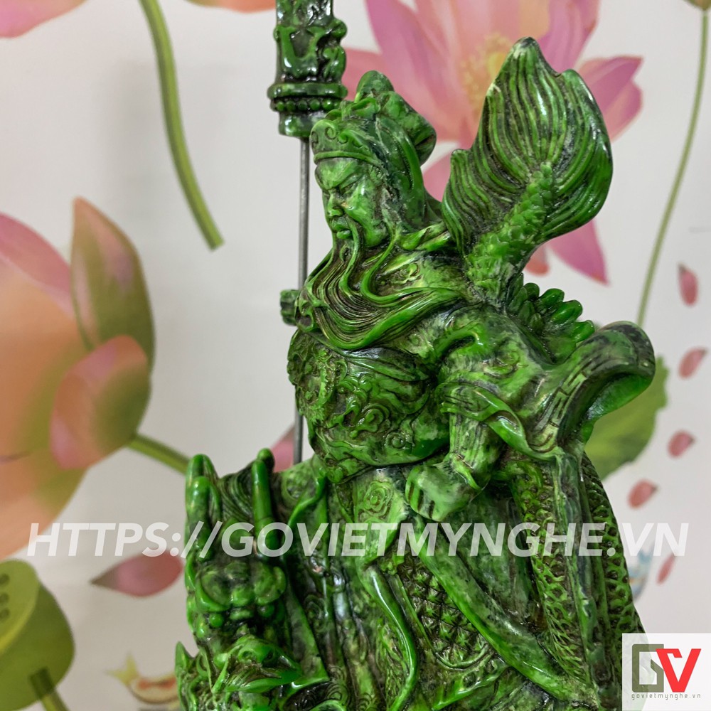 [Tượng Quan Công] Tượng đá phong thủy Quan Công - Quan Công cầm đao cưỡi Rồng - Cao 25cm - Màu xanh