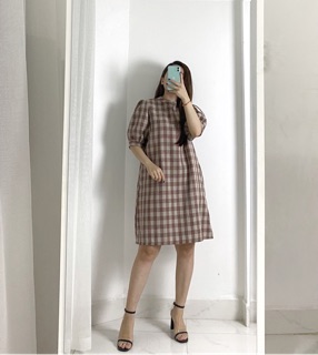 [Ảnh thật] Váy kẻ cổ cao tay bồng (be, nâu đỏ)_