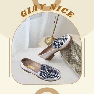 Giày búp bê nữ cao gót da bóng nơ caro - giày đốc nữ gót trụ