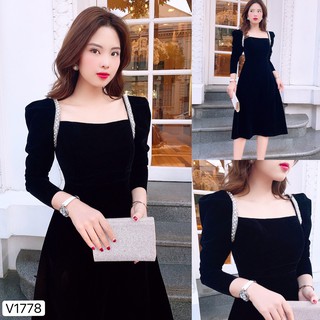 Váy nhung đen viền ngọc V1778 - Đẹp Shop DVC - Kèm ảnh thật trải sàn do shop tự chụp