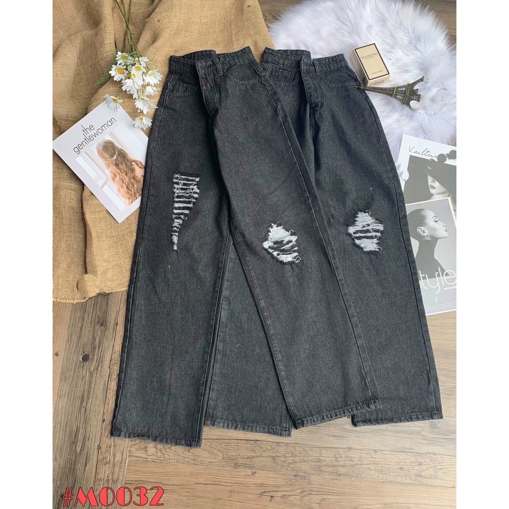 [ NK32 ] QUẦN JEAN ỐNG RỘNG NỮ LƯNG CAO RÁCH 2 MẢNG TO MÀU XÁM TIÊU LAI CUỐN CAO CẤP UTI ĐỦ SIZE S, M, L FORM DÀI RỘNG