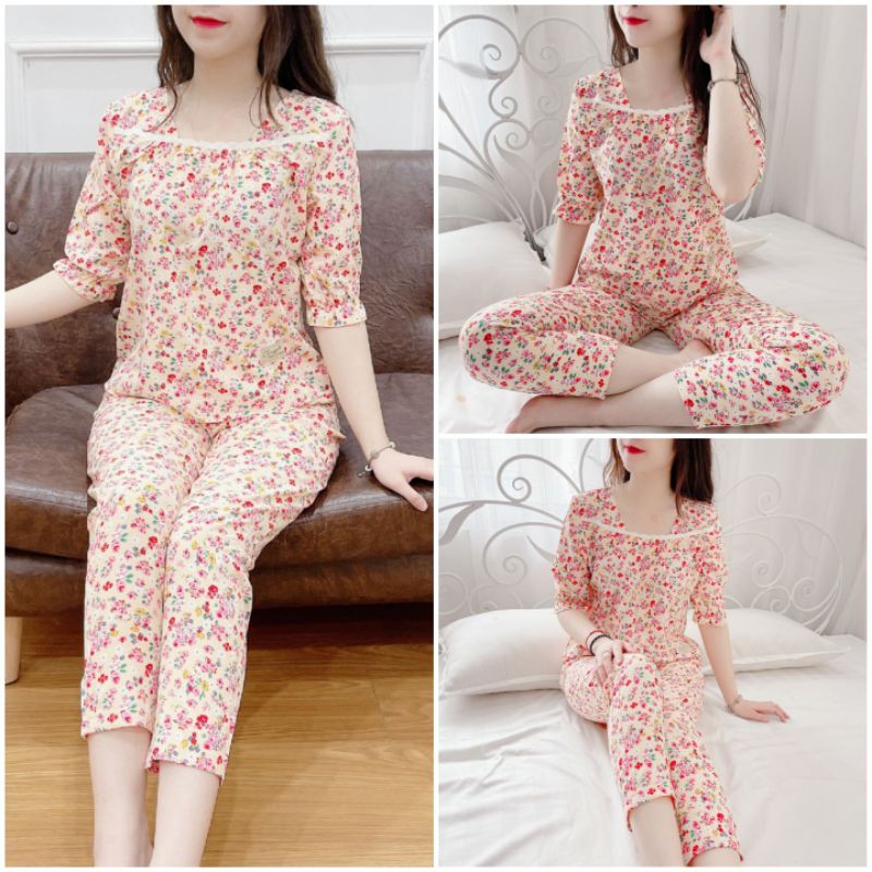[Bunnysky] Đồ bộ mặc nhà, mặc sau sinh cổ vuông vải lụa mềm mịn