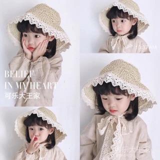 Mũ cói bèo viền ren tiểu thư cho bé