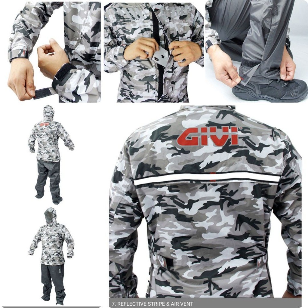 Áo Mưa Bộ Có Nón Và Túi Bên Trong Givi Camo Rằng Ri Xám Chrunix