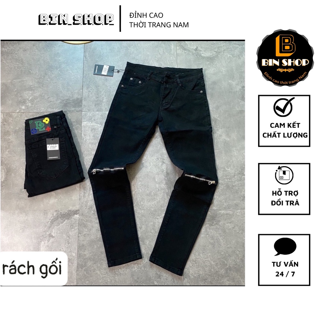 Quần bò đen rách gối, quần jean rách gối có khóa - Bin Shop