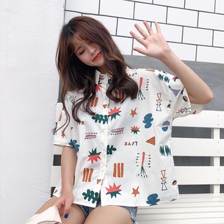 Xj-áo Sơ Mi Tay Lửng Dáng Rộng In Họa Tiết Phong Cách Preppy Thời Trang Mùa Hè Hàn Quốc Dễ Phối Đồ