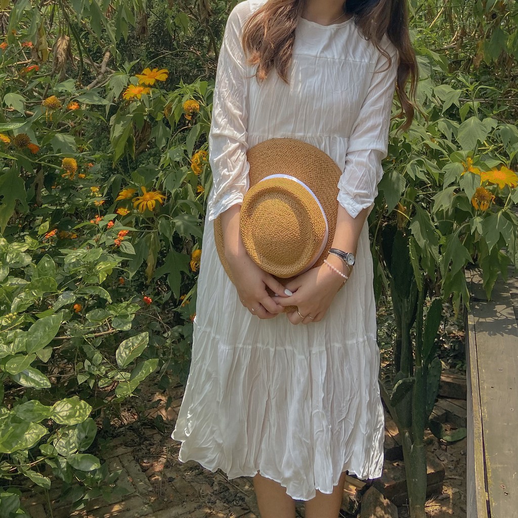 Váy Trắng, Đen, Váy Suông Dáng Dài Vải Nhăn Phong Cách Hàn Quốc Vintage DMee