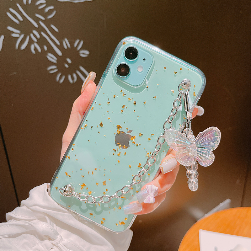 Ốp điện thoại phối lá bạc/lá vàng gắn dây hình bướm cho IPhone 12mini/11promax/XS/XR/11/12ProMax/8 Plus/XS/7/8/XSMax | BigBuy360 - bigbuy360.vn
