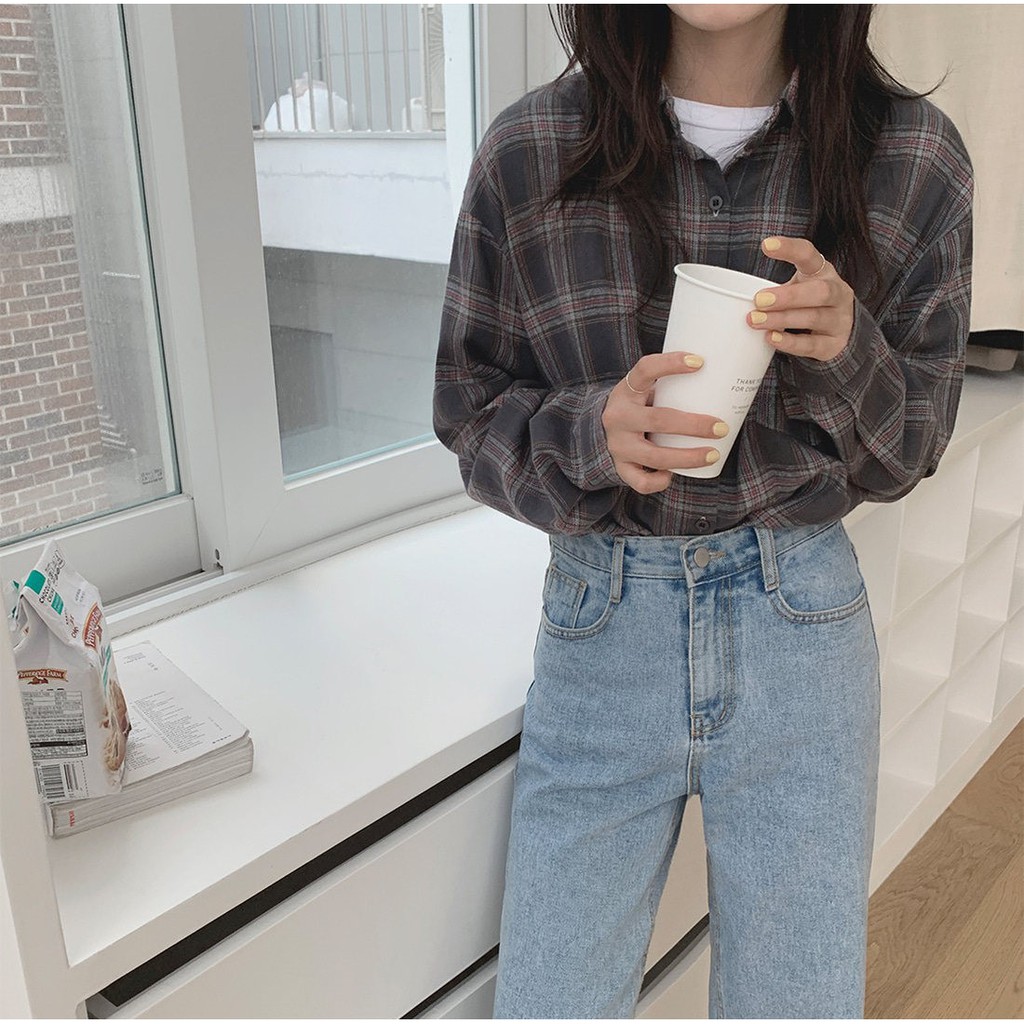 Áo sơ mi họa tiết sọc caro kiểu cổ bé dễ thương cho nữ