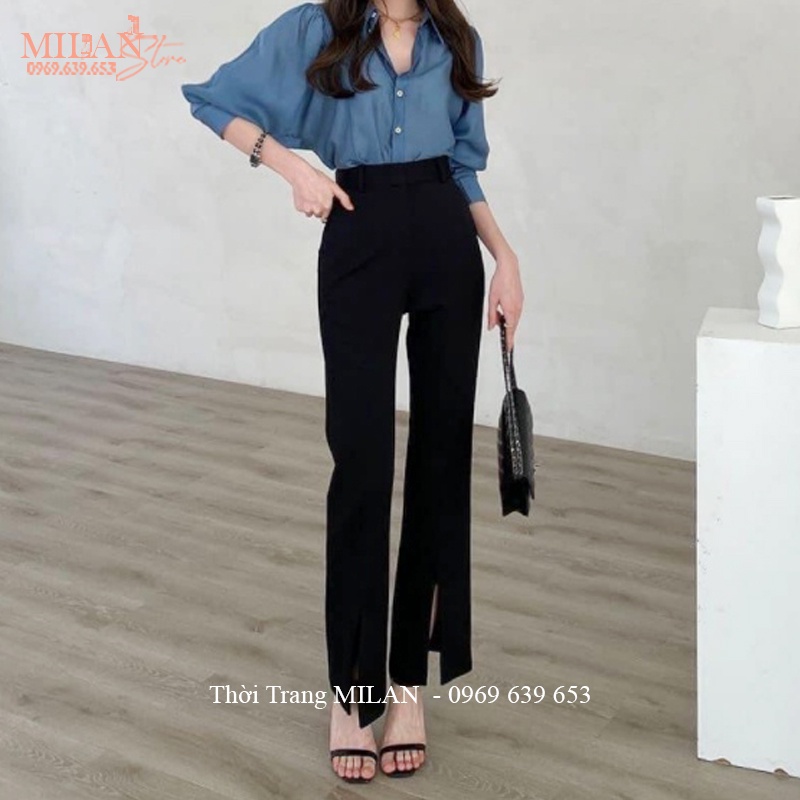 Quần tây ống loe xẻ tà trước vẩy cá tính điệu vải mềm mặc đi học làm - Quần ống loe xẻ tà hack dáng màu đen công sở