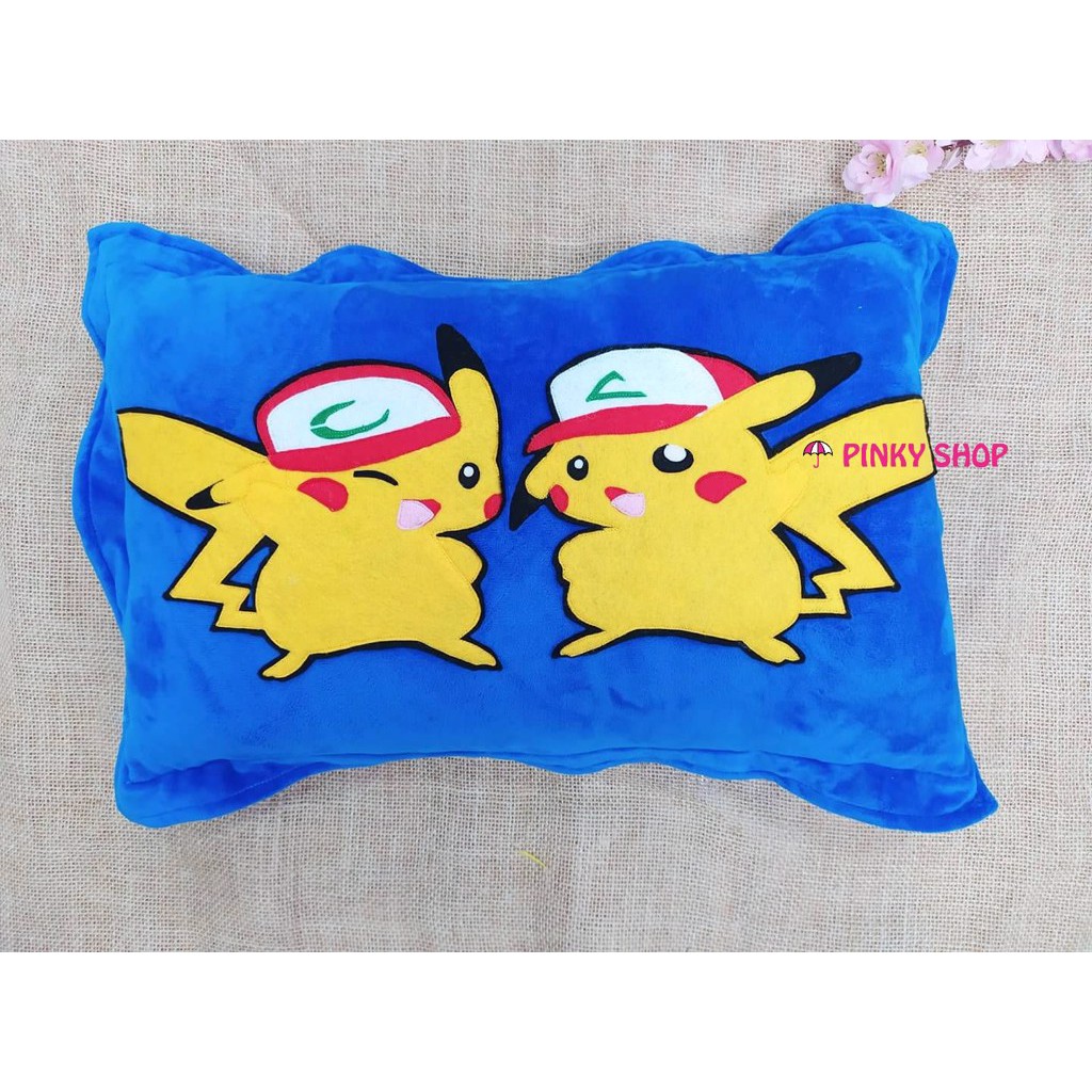 Gối handmade vải nỉ cao cấp chữ nhật tặng cho bé trai màu xanh đậm hình Pikachu Pinky Shop Mã GH8