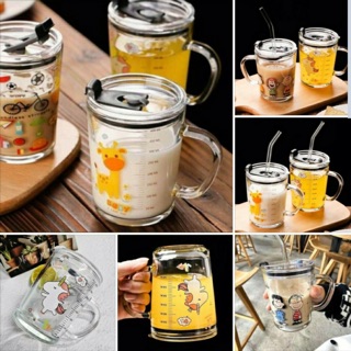 Cốc thủy tinh có vạch có nắp đậy siêu dễ thương