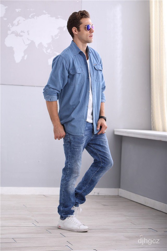 Áo sơ mi Denim Cotton tay dài có Size lớn dành cho nam giới độ tuổi trung niên