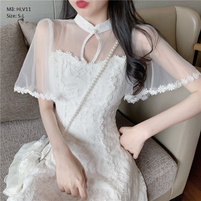 HL Fashion| HLV11 Váy trắng ren hoa cổ tàu khoét ngực kiểu sườn xám cách tân mẫu mới 2021