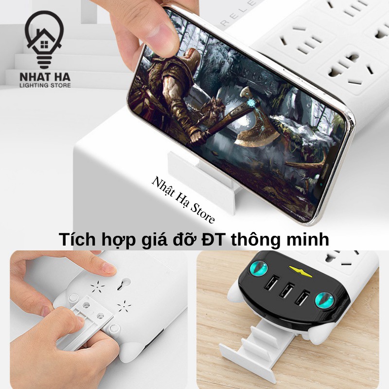 Ổ Cắm Điện Đa Năng Dán Tường Hình Mèo Cute OD-318, 3 Cổng USB Chống Giật Thông Minh Dây Dài 3m