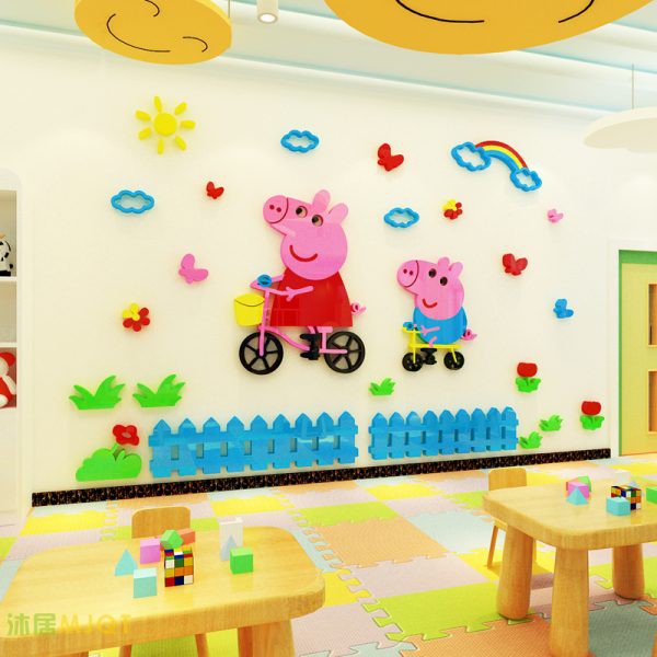 Tranh dán tường 3d cho bé gia đình pepa pig, trang trí mầm non, trang trí khu vui chơi trẻ em