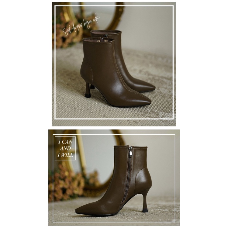 Giày Bốt Martin Cao Gót Mũi Nhọn Phối Khóa Kéo Bên Sành Điệu