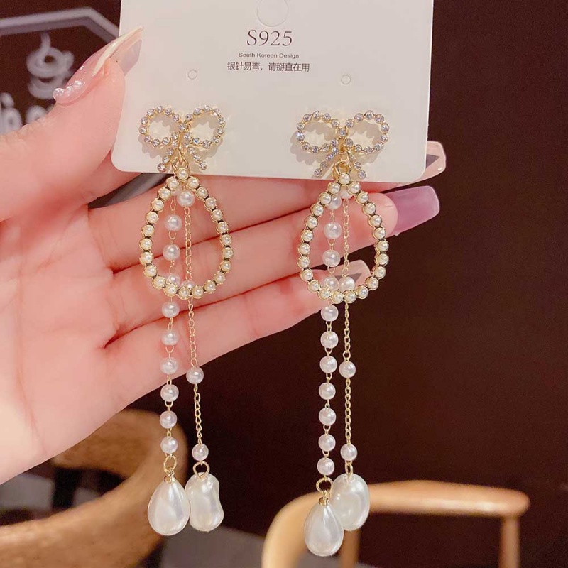 XiaoboACC Bông Tai Bạc 925 Phối Tua Rua Đính Ngọc Trai Thời Trang Cho Nữ