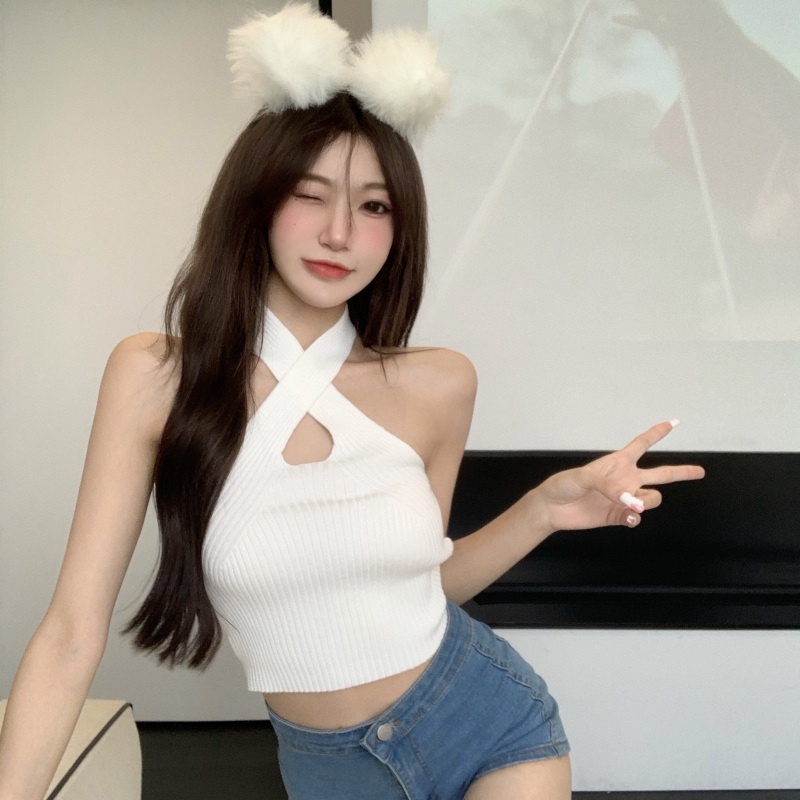 Áo Croptop Dệt Kim Sát Nách Màu Sắc Đơn Giản Ôm Dáng Cho Nữ